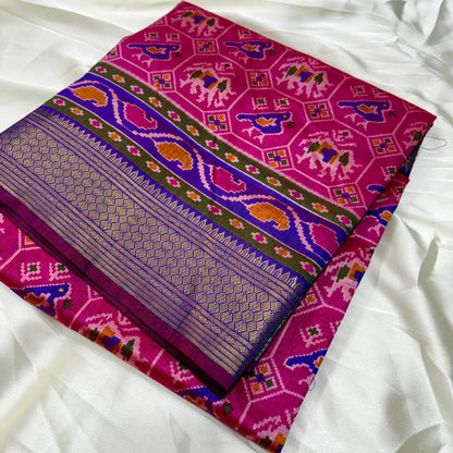 Pink Patola Silk Pink With Blue Saree With Blouse Piece For Women