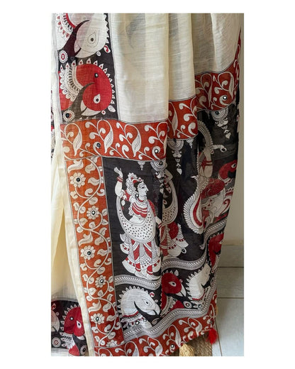 Off White Soft Khadi Linen Saree With Blouse For Women Wear All Occasion