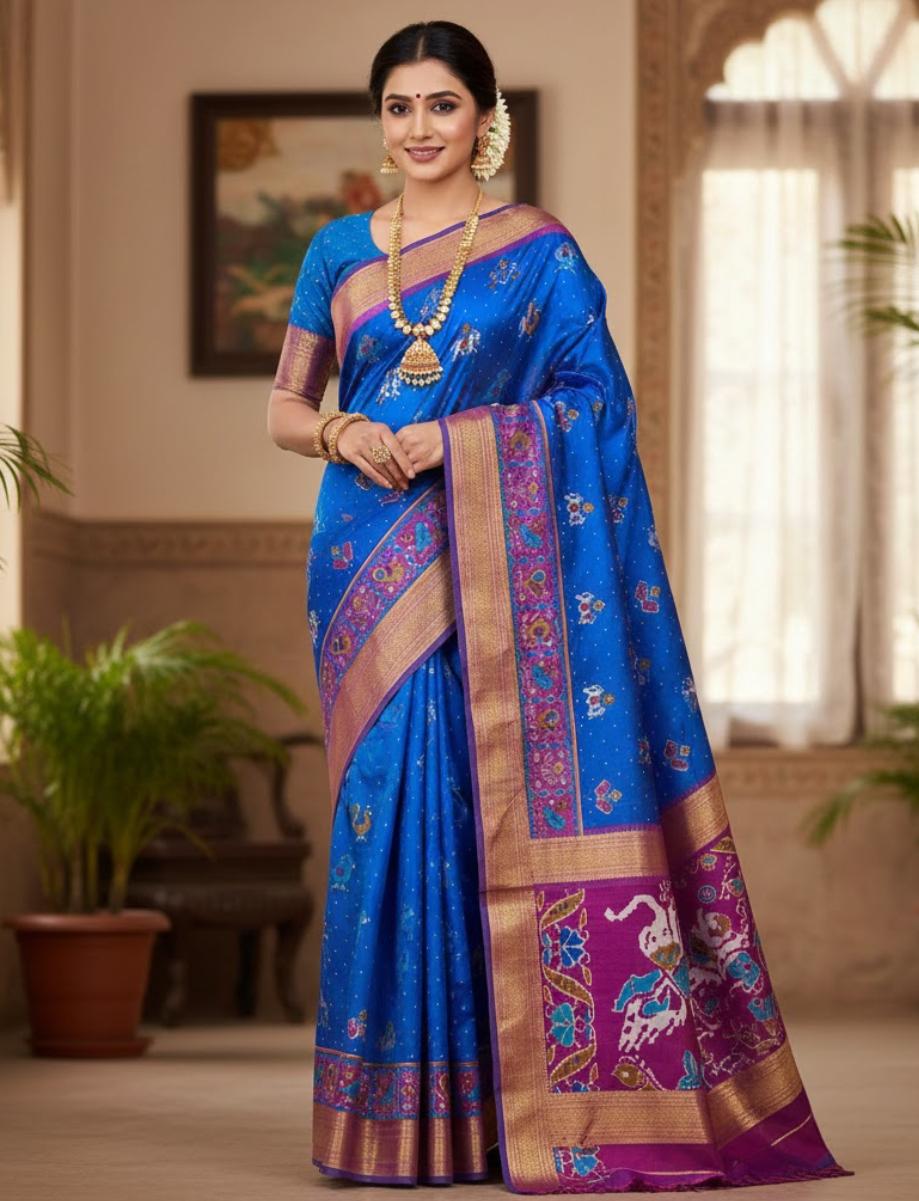 Blue Patola Silk Royal Blue With Pink Saree With Blouse Piece For Women