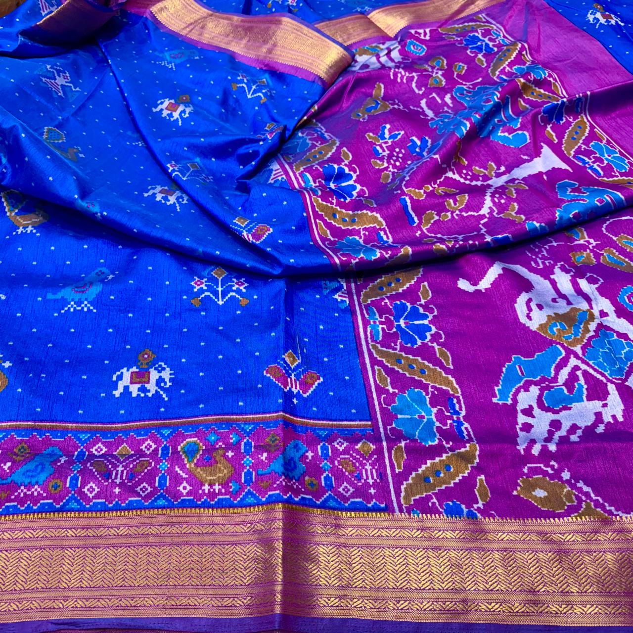 Blue Patola Silk Royal Blue With Pink Saree With Blouse Piece For Women