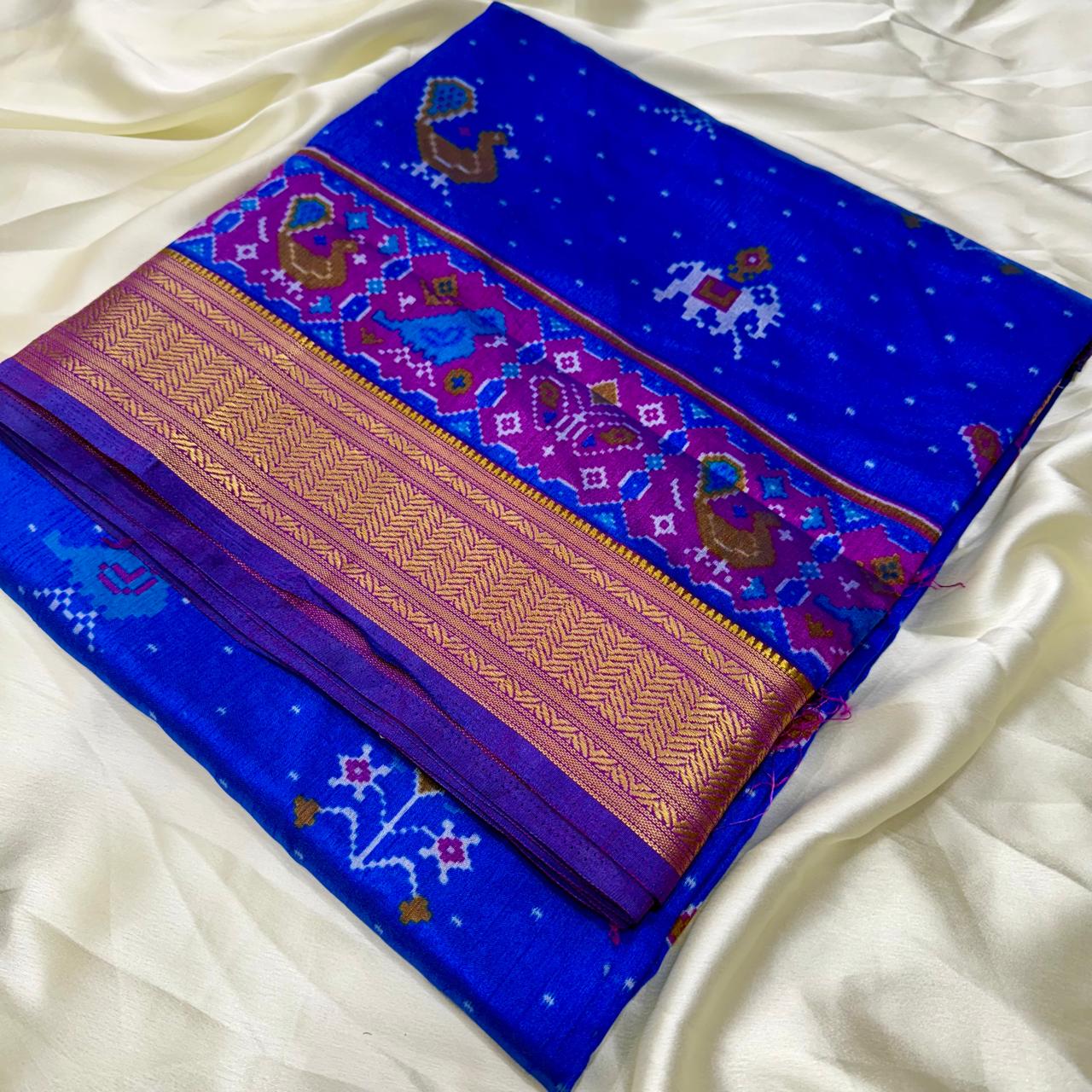 Blue Patola Silk Royal Blue With Pink Saree With Blouse Piece For Women
