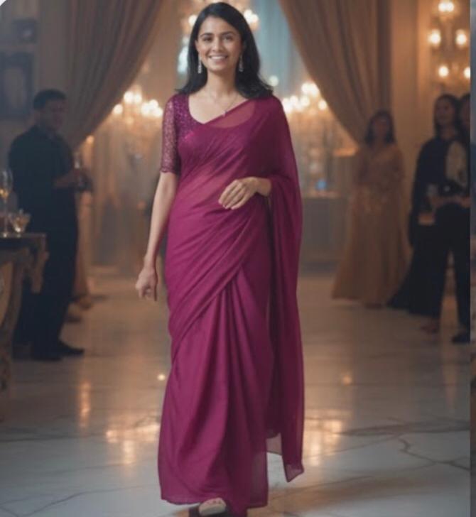 Wine Chiffon Designer Saree With Blouse Piece For Women