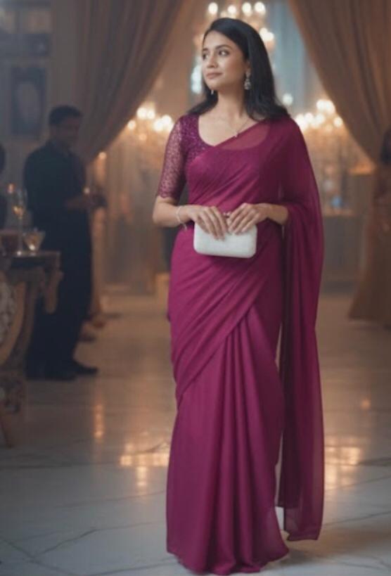 Wine Chiffon Designer Saree With Blouse Piece For Women