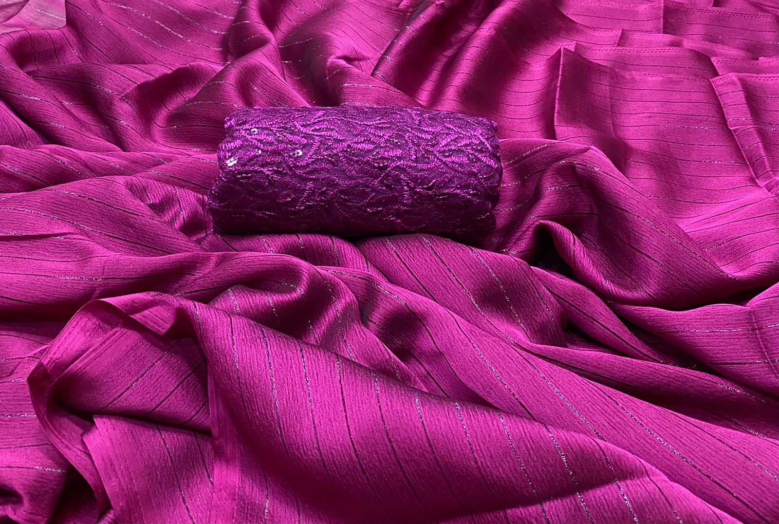 Wine Chiffon Designer Saree With Blouse Piece For Women