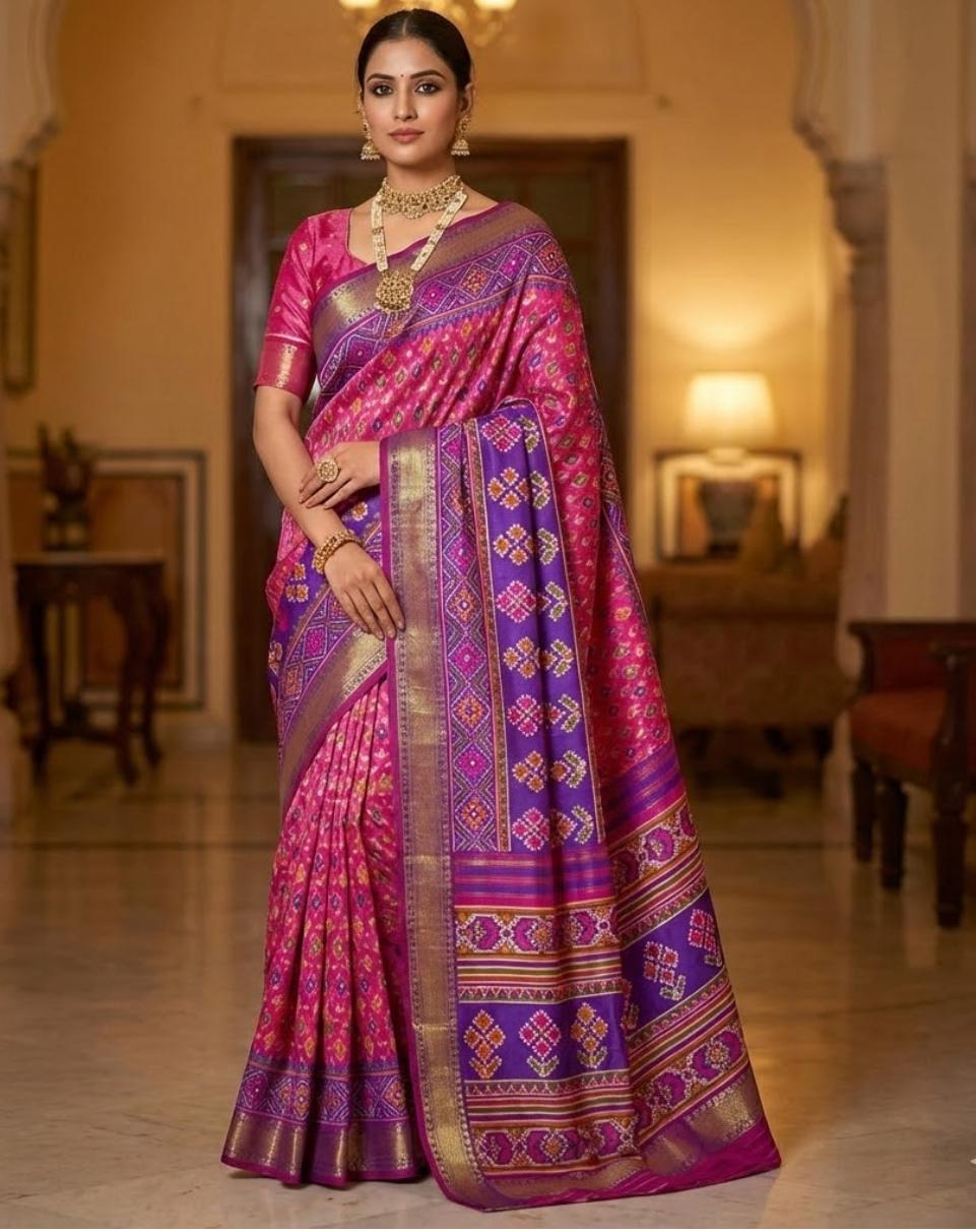 Pink Patola Silk Saree With Blouse Piece For Women