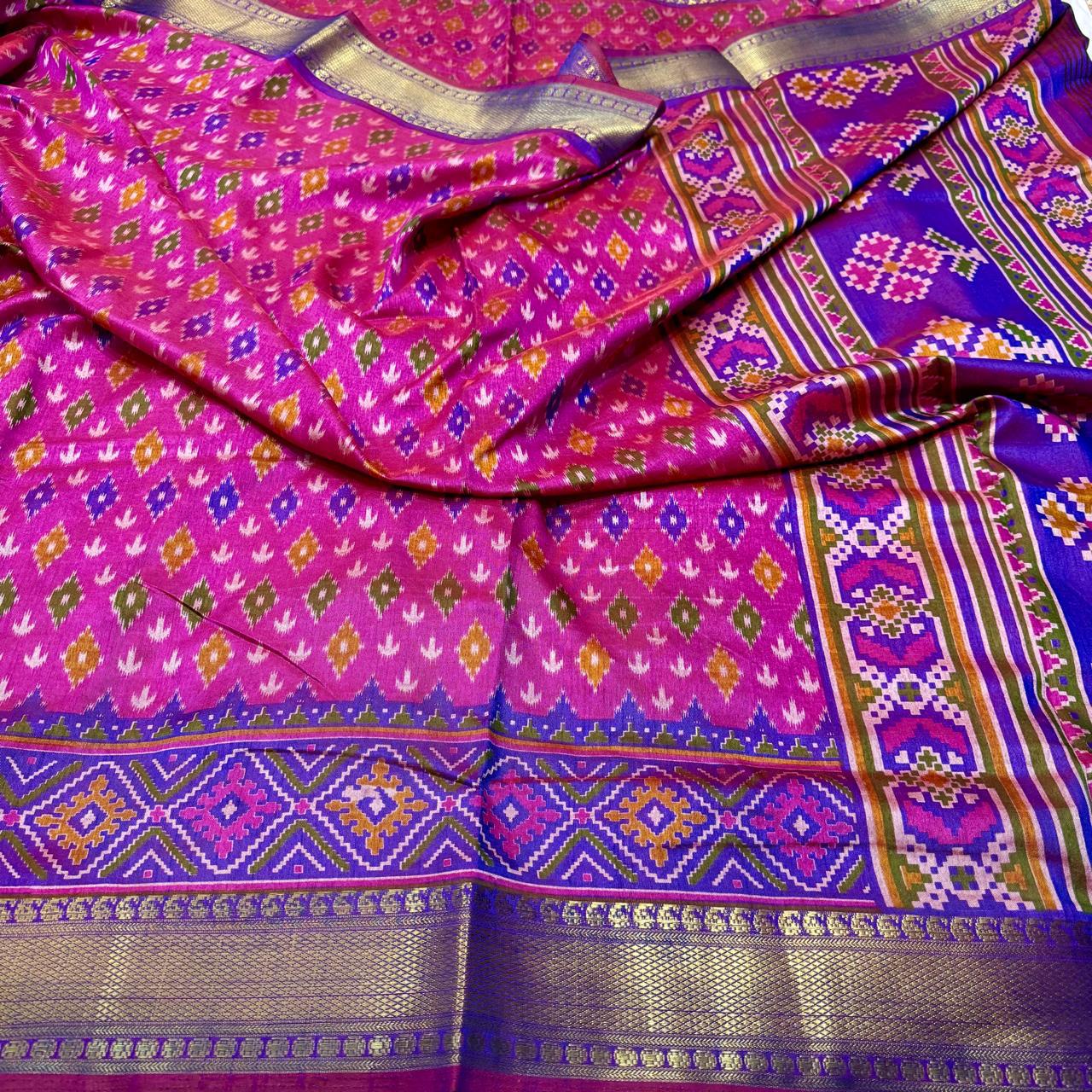 Pink Patola Silk Saree With Blouse Piece For Women