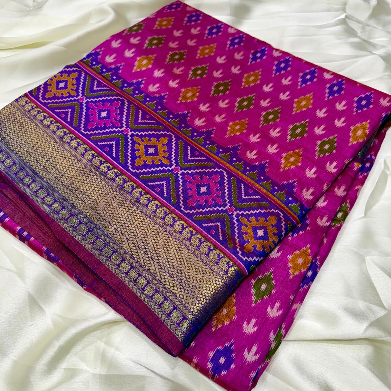 Pink Patola Silk Saree With Blouse Piece For Women