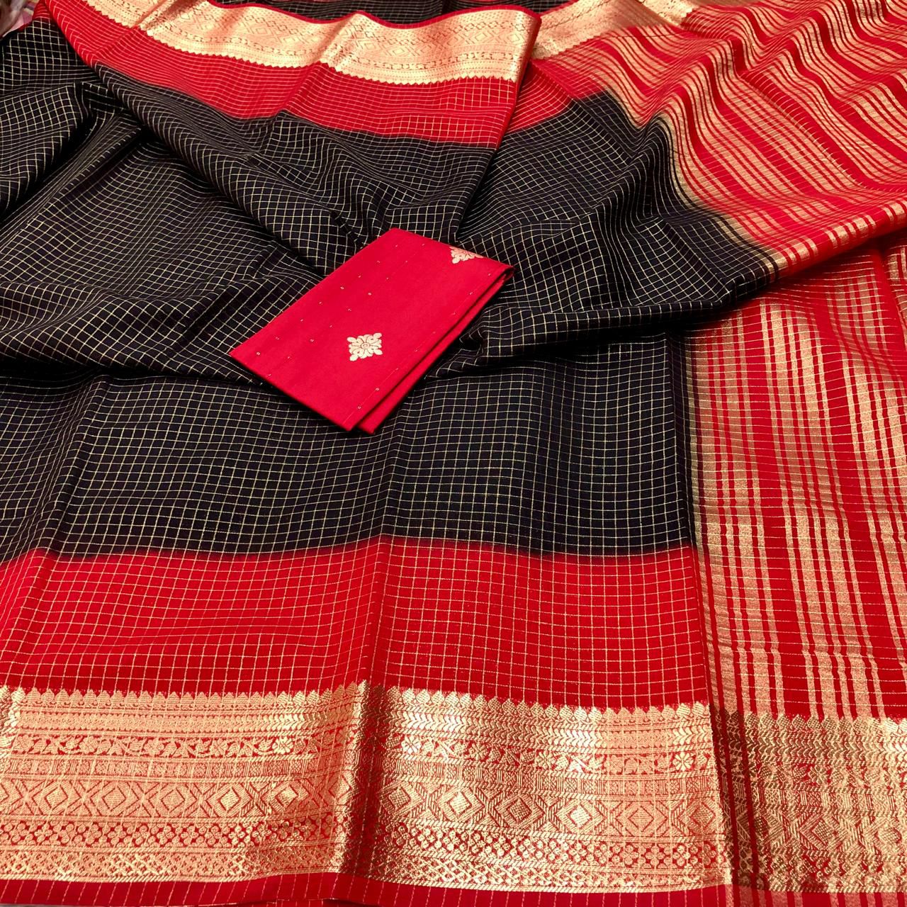 Black N Red 2D Mysore Silk Black Saree With Blouse Piece For Women