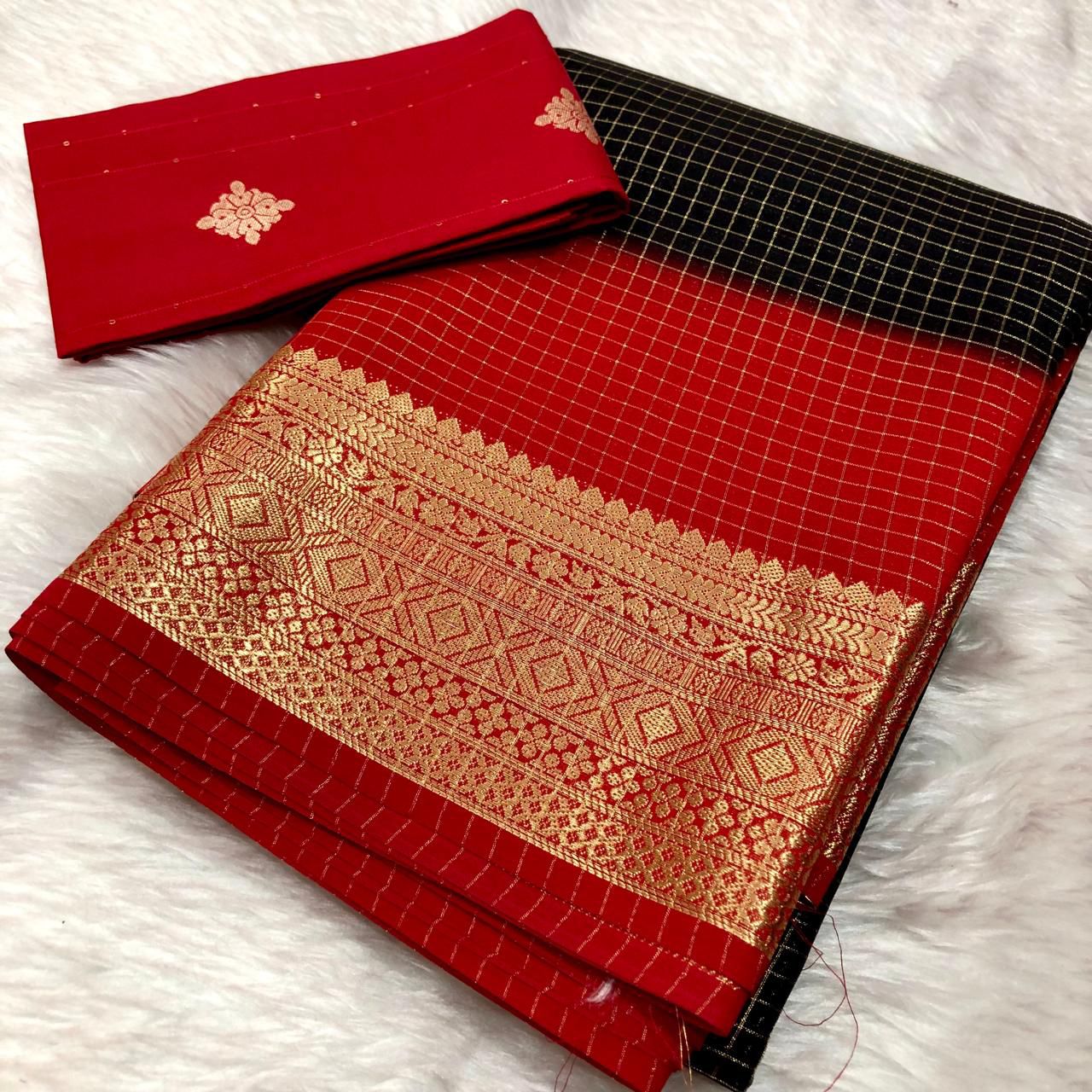 Black N Red 2D Mysore Silk Black Saree With Blouse Piece For Women