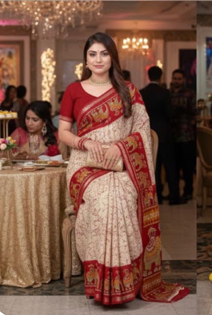 Cream With Red Batik Printed Silk Saree With Blouse Piece For Women