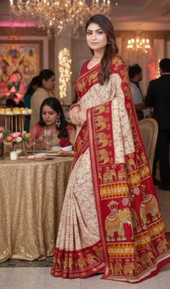 Cream With Red Batik Printed Silk Saree With Blouse Piece For Women