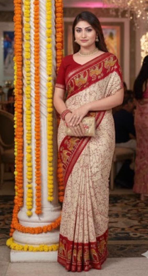 Cream With Red Batik Printed Silk Saree With Blouse Piece For Women