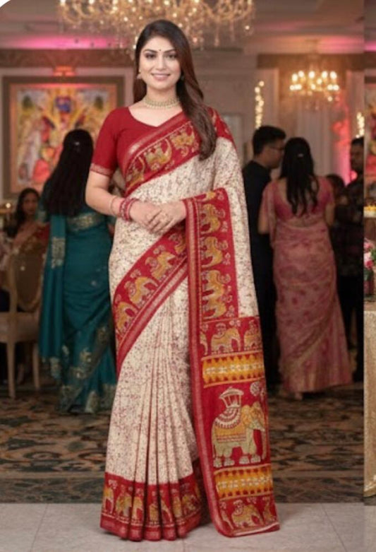 Cream With Red Batik Printed Silk Saree With Blouse Piece For Women