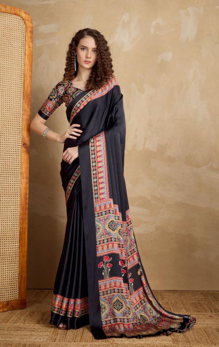 Black Japan Crape Black Saree With Blouse Piece For Women