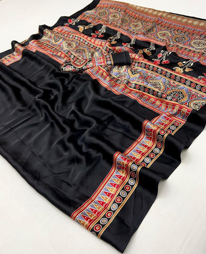 Black Japan Crape Black Saree With Blouse Piece For Women