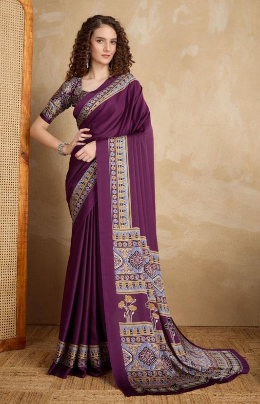 Wine Japan Crape Wine Saree With Blouse Piece For Women