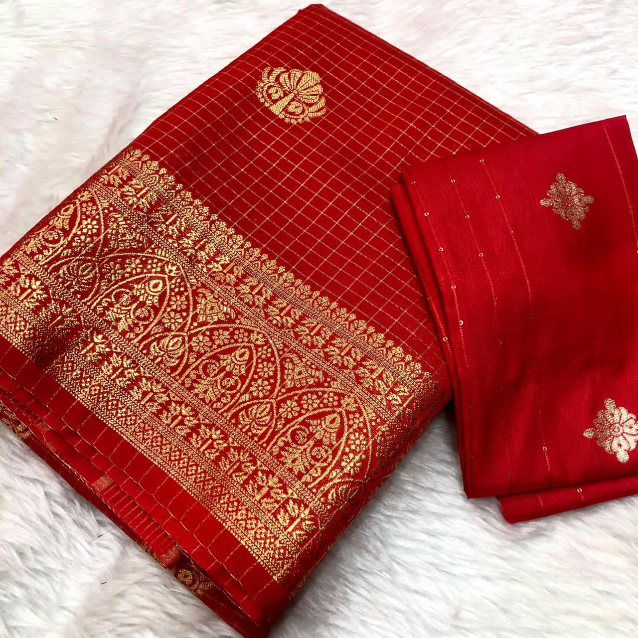Red Mysore Silk Red Buttis Saree With Blouse Piece For Women