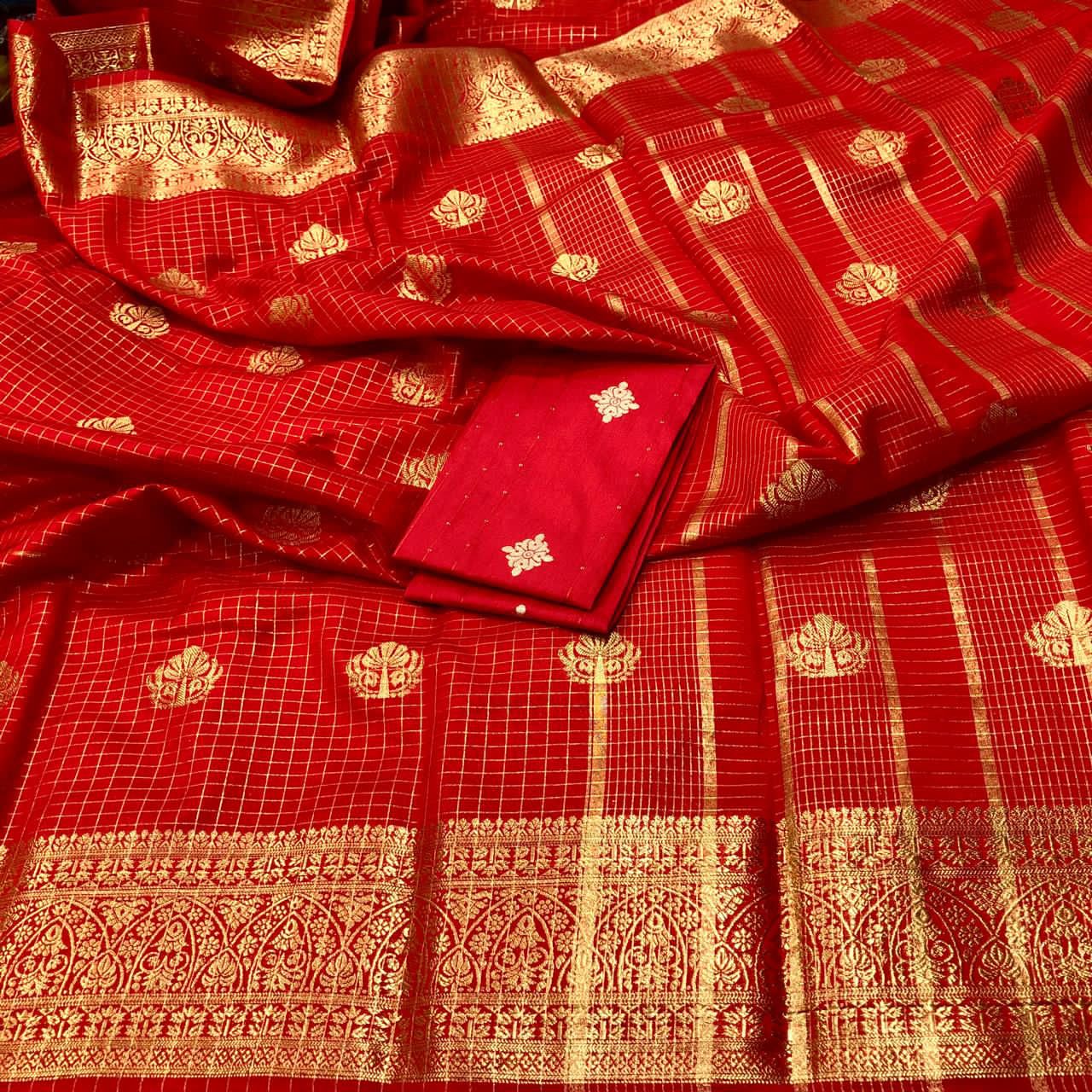 Red Mysore Silk Red Buttis Saree With Blouse Piece For Women