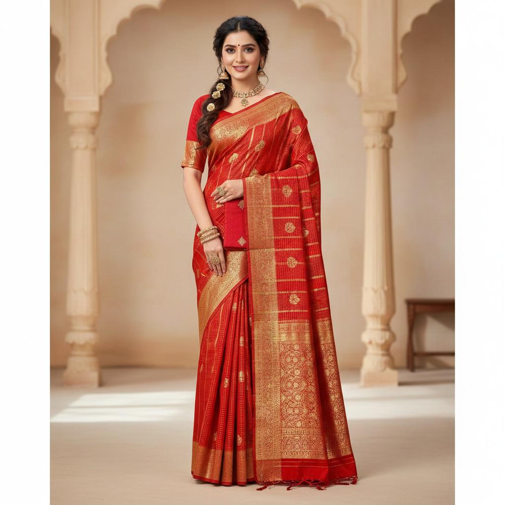 Red Mysore Silk Red Buttis Saree With Blouse Piece For Women