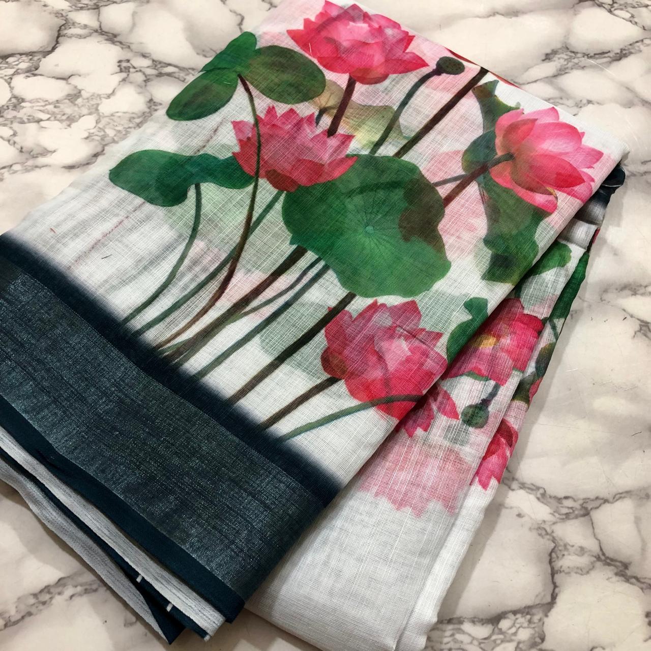 White Pink Lotus Linen Sarees