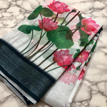 White Pink Lotus Linen Sarees