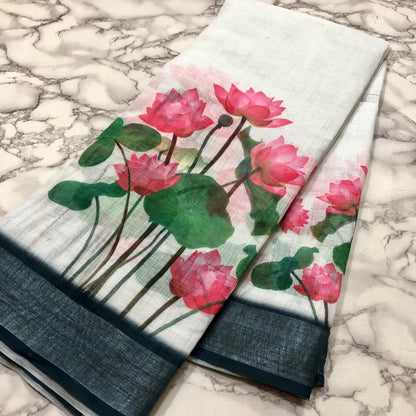 White Pink Lotus Linen Sarees
