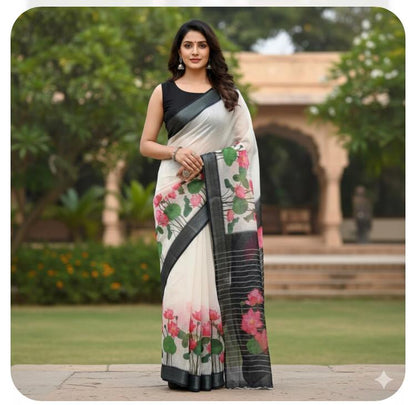 White Pink Lotus Linen Sarees