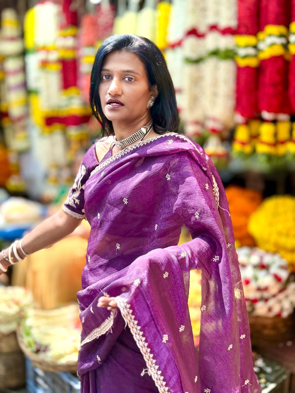 Wine colour space silk sarees ,, Embroidery all over with scallop finished border  Blouse cums with heavy work