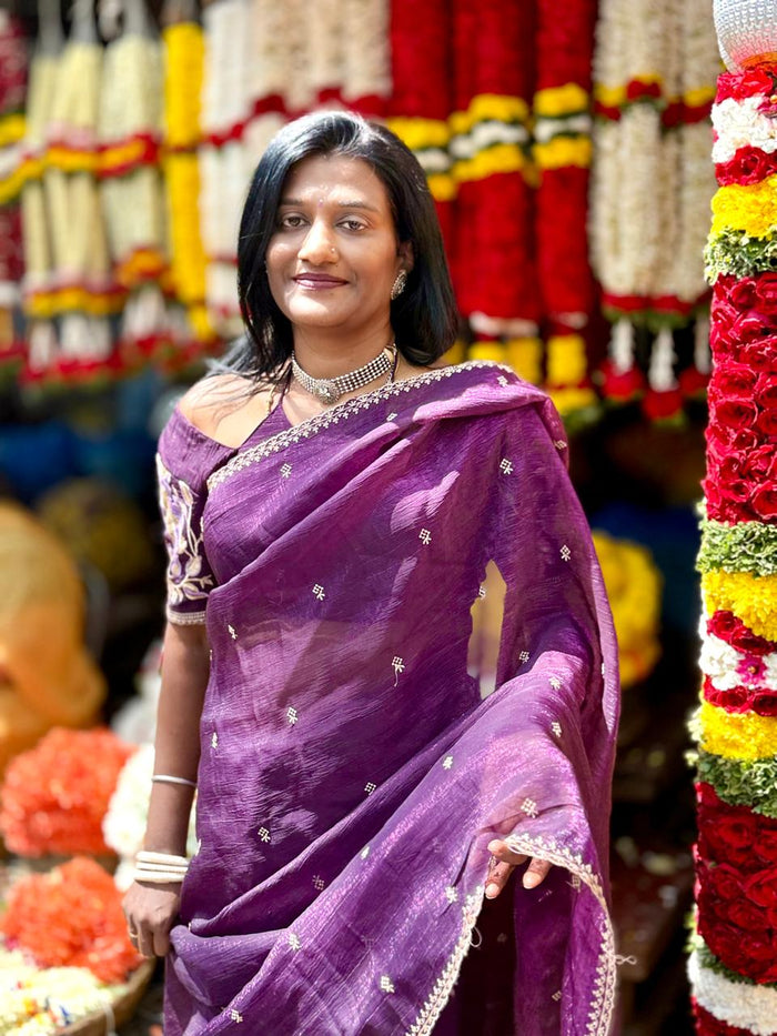 Wine colour space silk sarees ,, Embroidery all over with scallop finished border  Blouse cums with heavy work