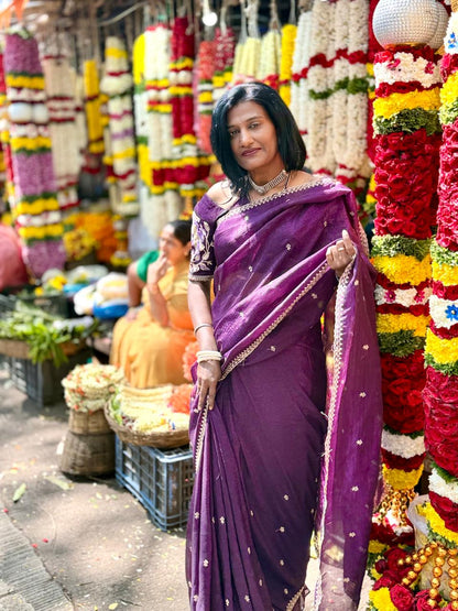 Wine colour space silk sarees ,, Embroidery all over with scallop finished border  Blouse cums with heavy work