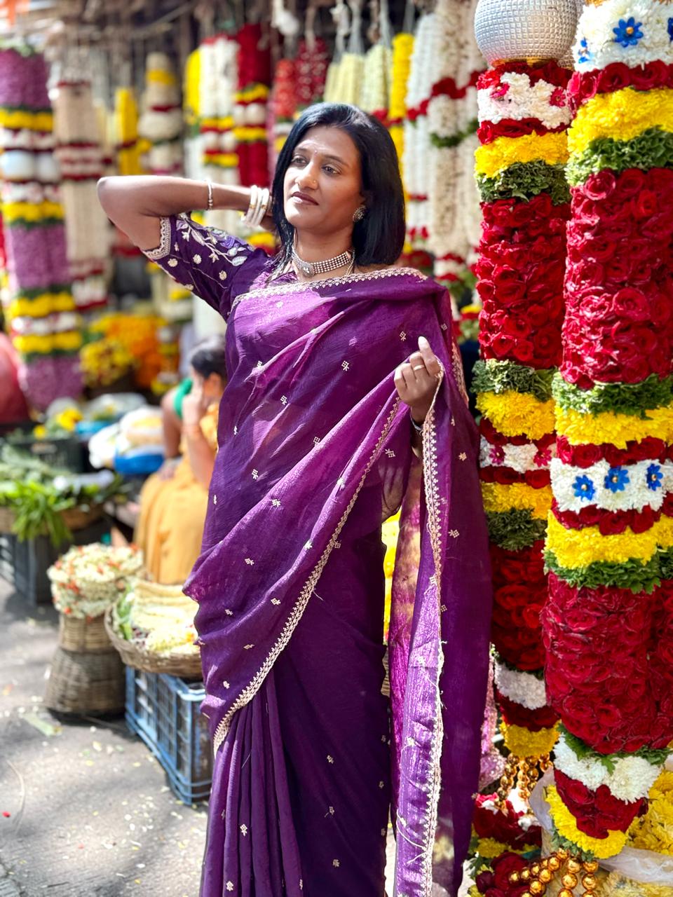 Wine colour space silk sarees ,, Embroidery all over with scallop finished border  Blouse cums with heavy work