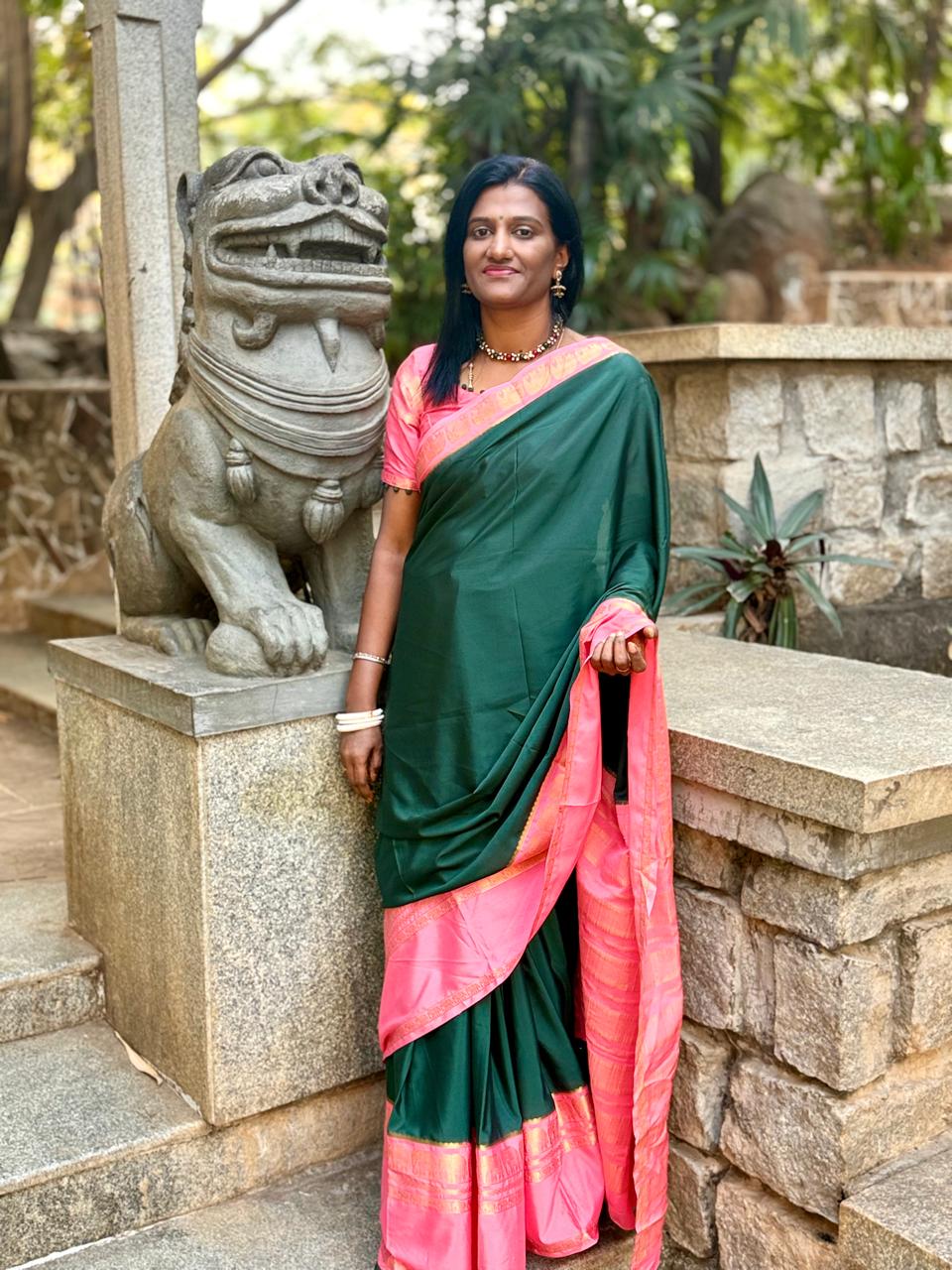 Bottle green baby pink Mysore silk saree with elephant motifs all over saree ,, cums with contrast blouse n pallu