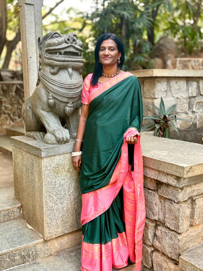 Bottle green baby pink Mysore silk saree with elephant motifs all over saree ,, cums with contrast blouse n pallu