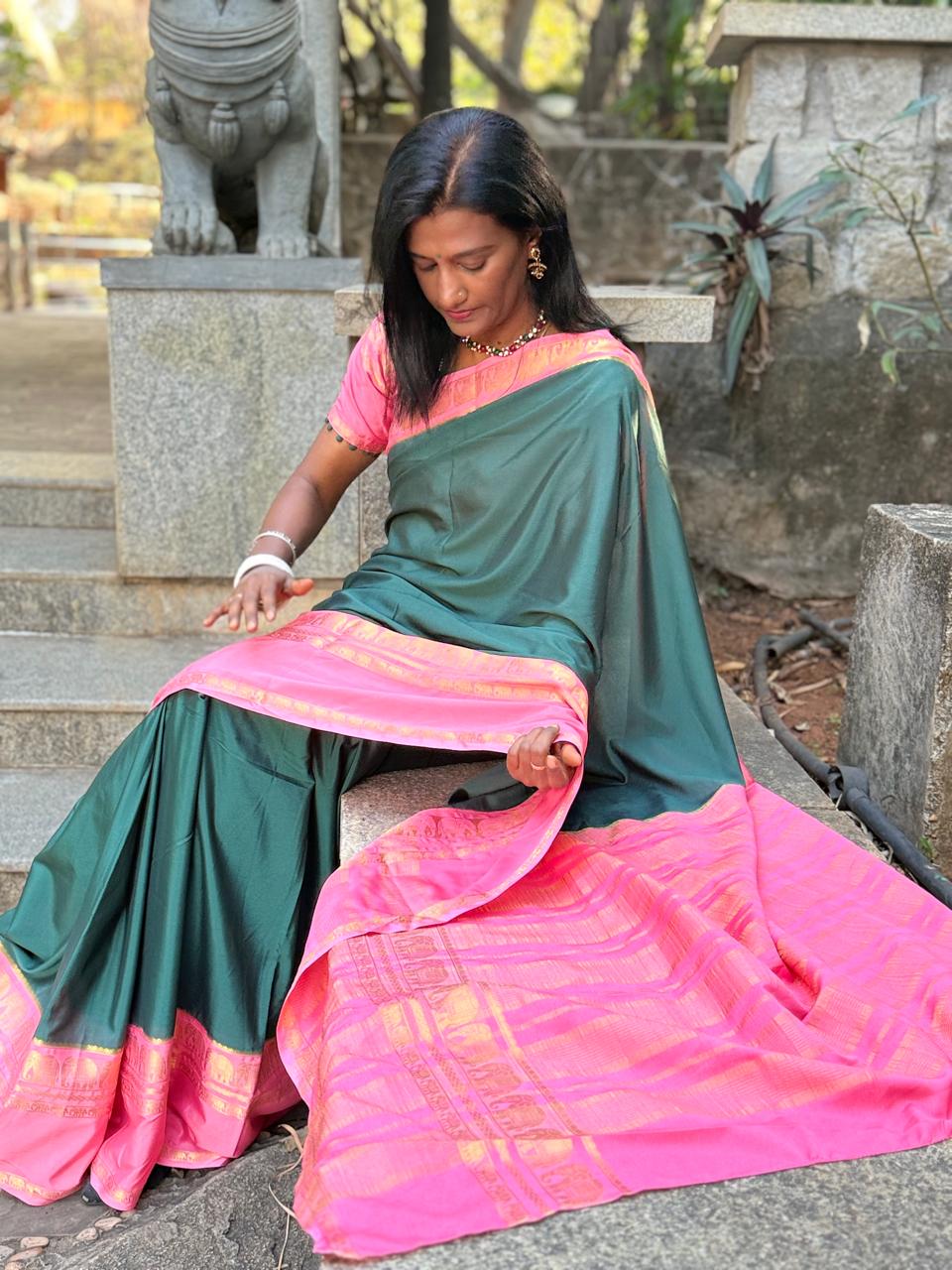 Bottle green baby pink Mysore silk saree with elephant motifs all over saree ,, cums with contrast blouse n pallu