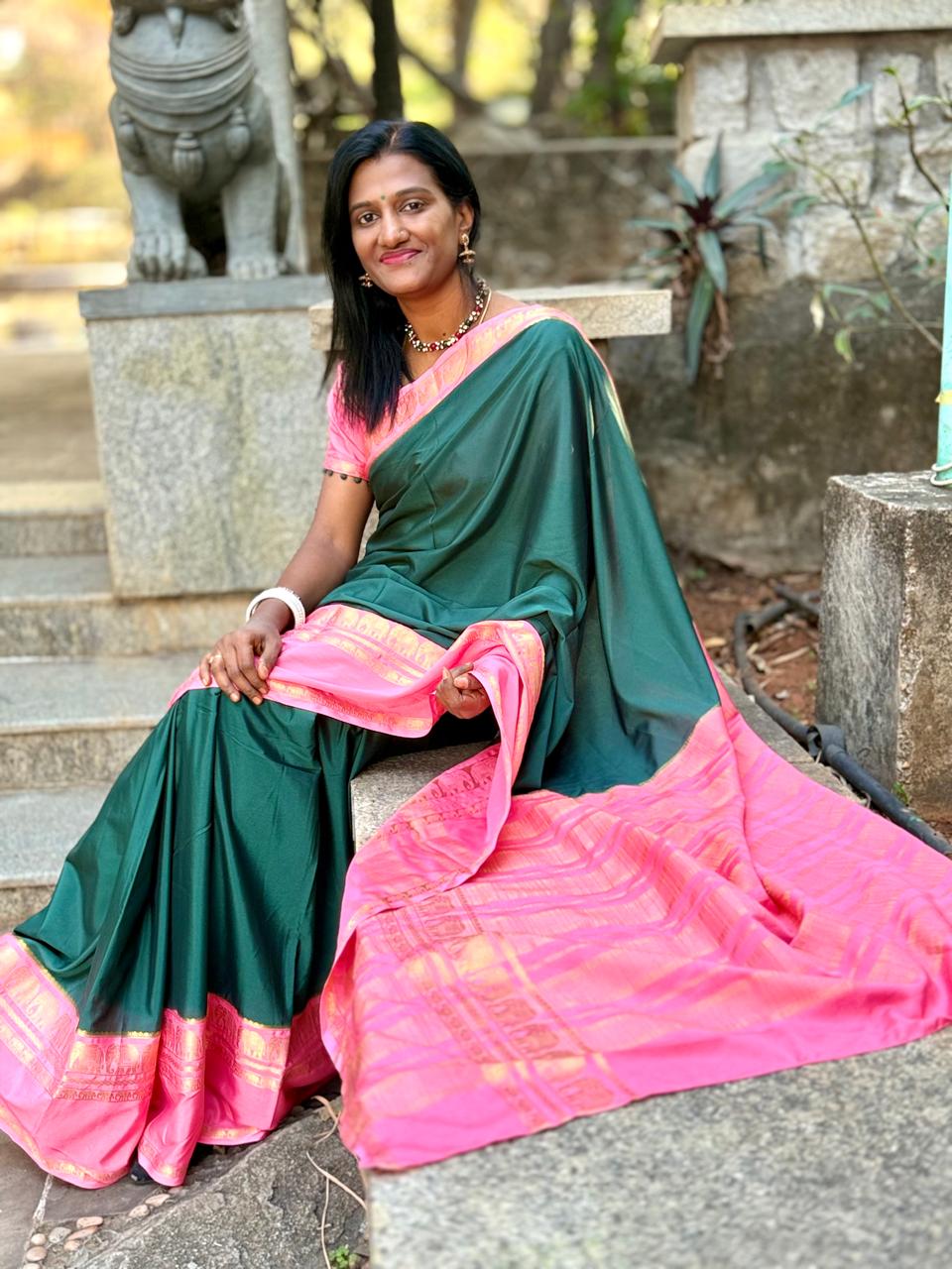 Bottle green baby pink Mysore silk saree with elephant motifs all over saree ,, cums with contrast blouse n pallu