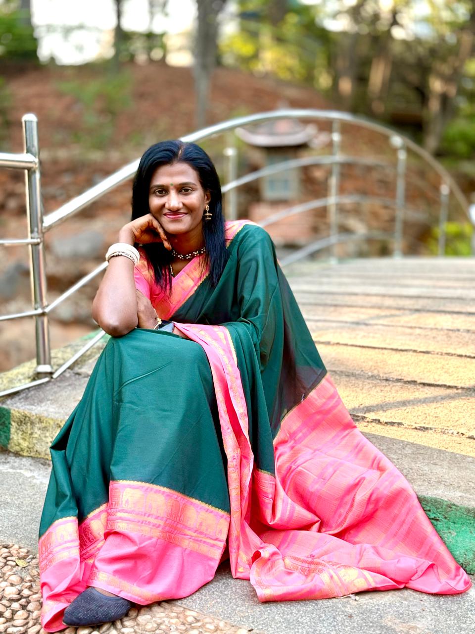 Bottle green baby pink Mysore silk saree with elephant motifs all over saree ,, cums with contrast blouse n pallu