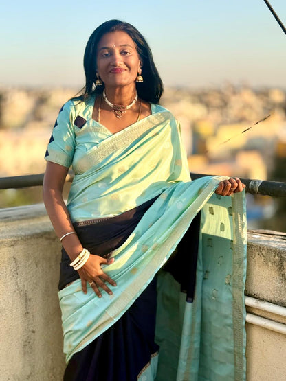 Sea Green n Indigo Mysore silk saree with peacock n coin motif all over saree  | richness of 2 inch border | exclusive combination