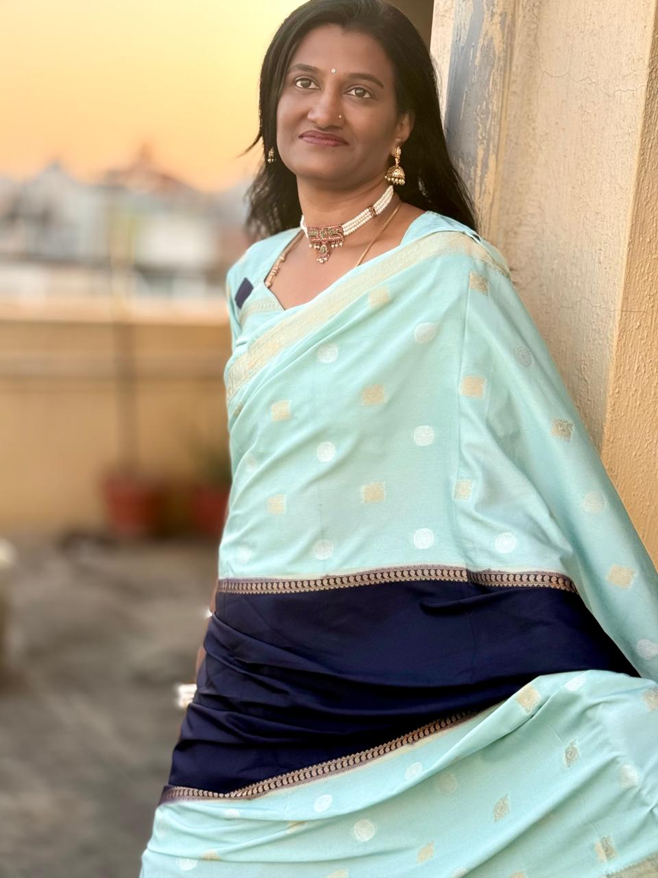 Sea Green n Indigo Mysore silk saree with peacock n coin motif all over saree  | richness of 2 inch border | exclusive combination