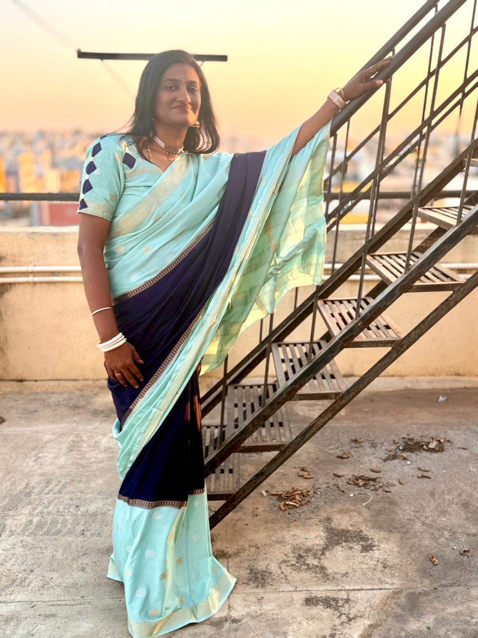 Sea Green n Indigo Mysore silk saree with peacock n coin motif all over saree  | richness of 2 inch border | exclusive combination