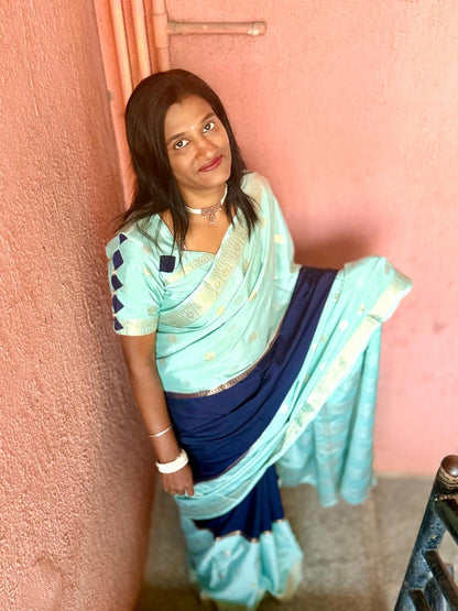 Sea Green n Indigo Mysore silk saree with peacock n coin motif all over saree  | richness of 2 inch border | exclusive combination
