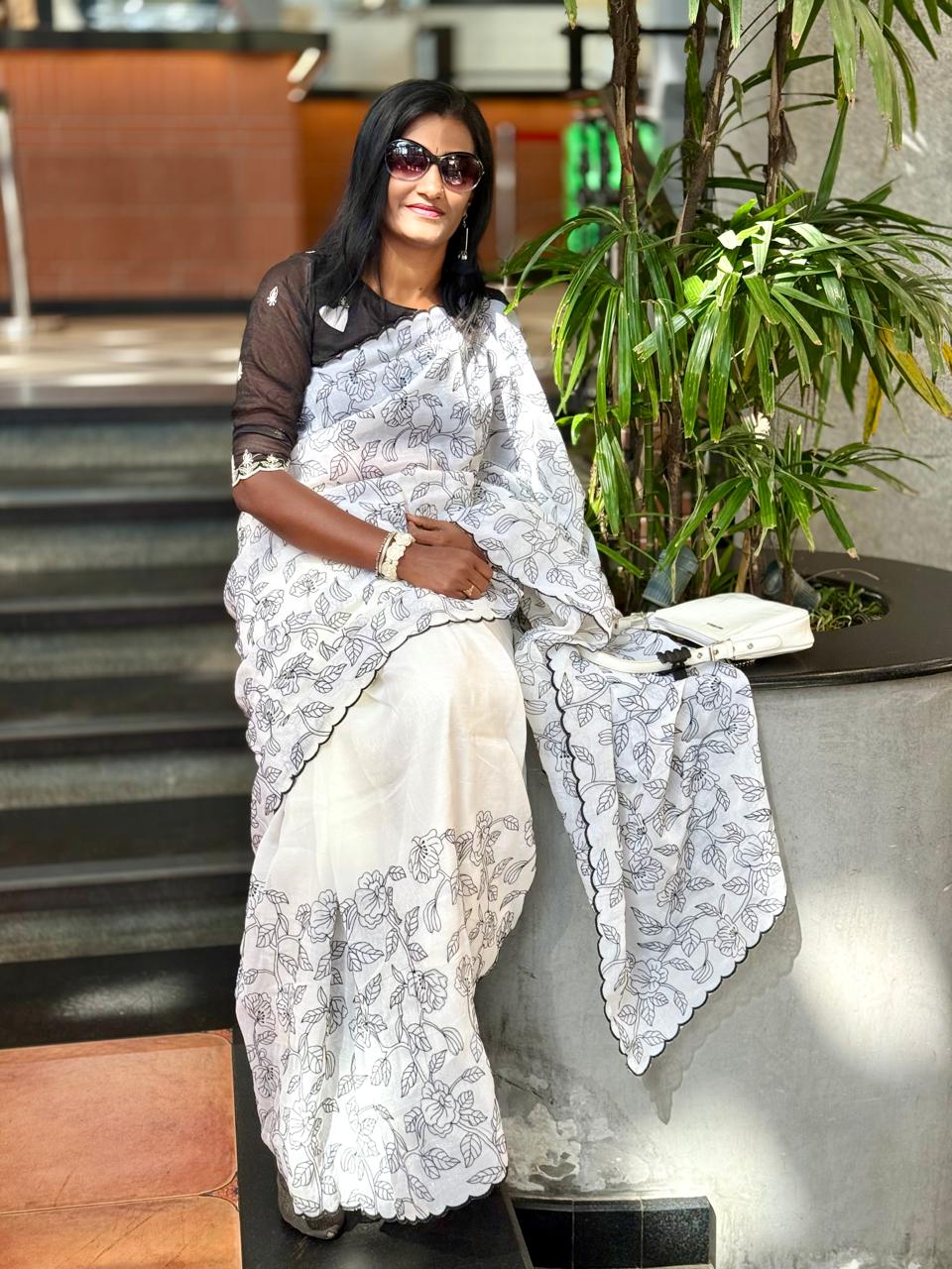 White Black Most exclusive Pencil Kalamkari embroidery with embroidered blouse ,, Premium soft Organza fabric