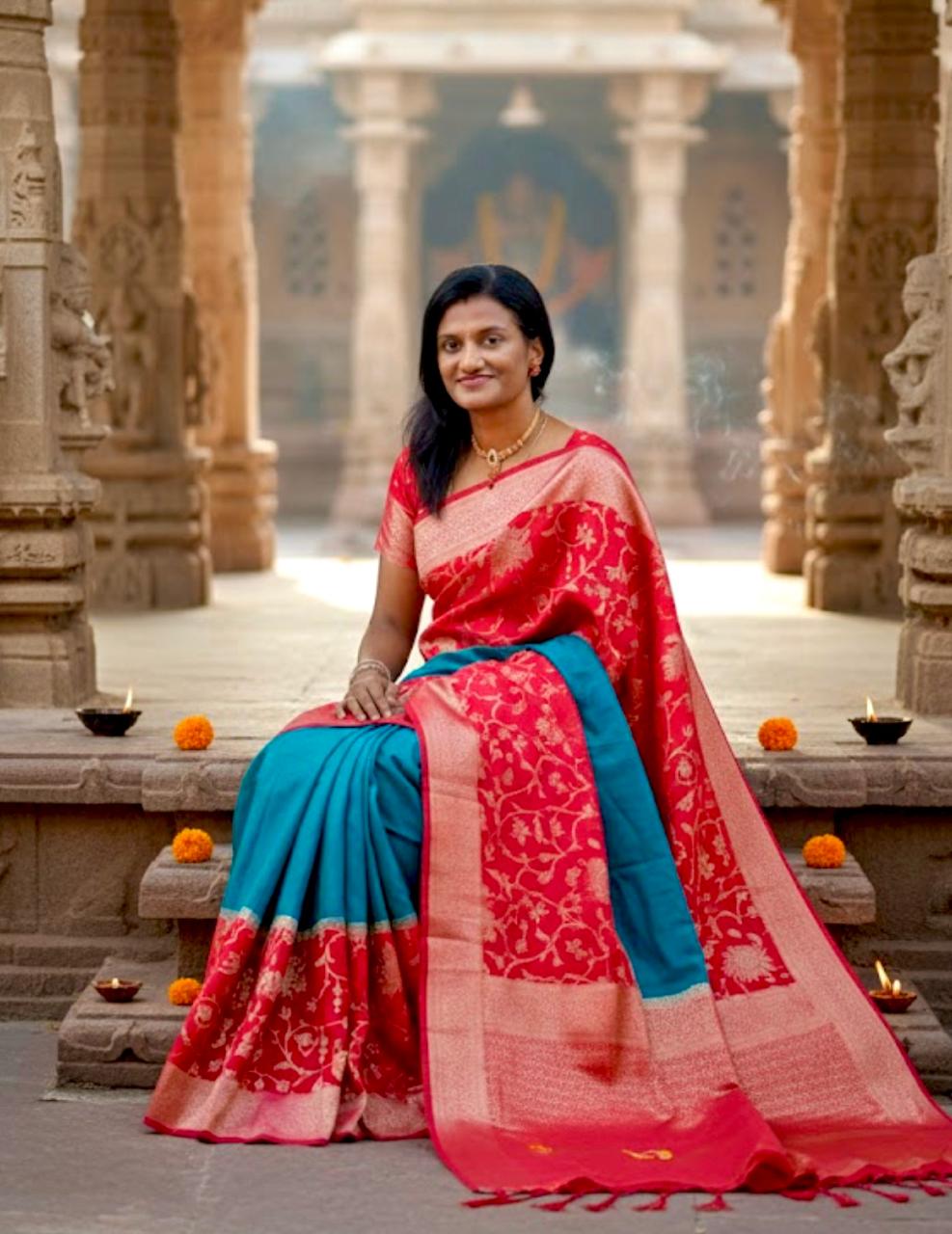 Blue Pink Pure banaras Handloom silk saree with rich pallu n contrast blouse