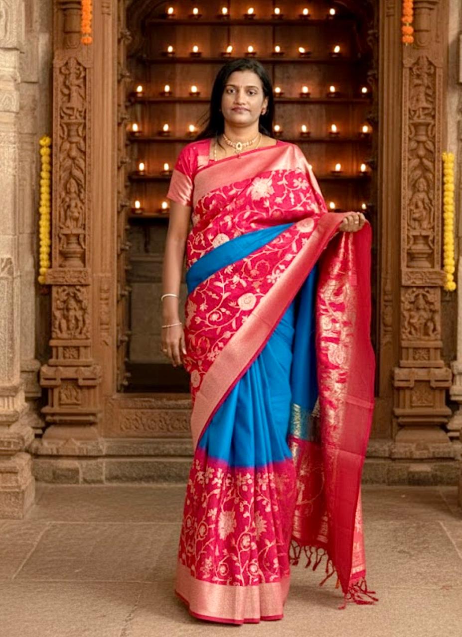 Blue Pink Pure banaras Handloom silk saree with rich pallu n contrast blouse