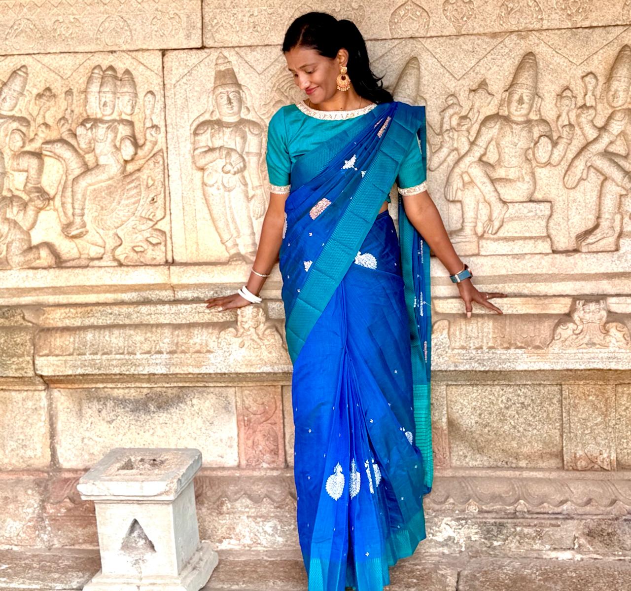 BLUE DUAL TONE BANANA PITH SAREE WITH ANTIQUE COPPER N SILVER EMBROIDERY , CUMS WITH CONTRAST BLOUSE