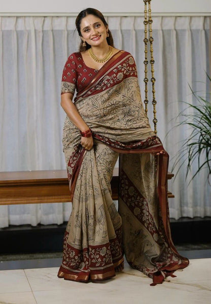BEIGE RED  KALAMKARI SAREE