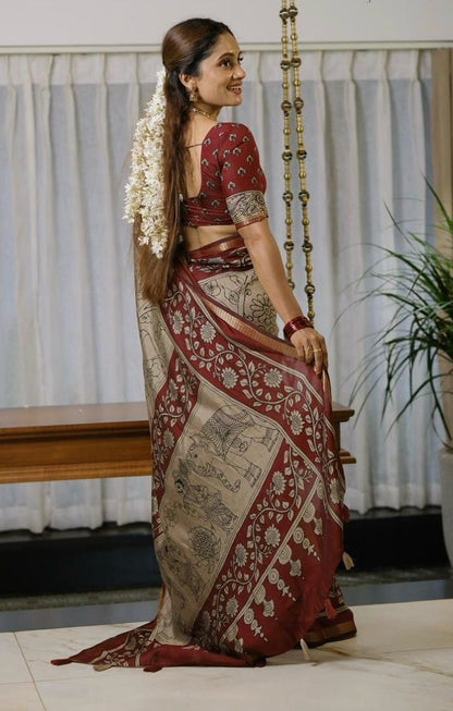 BEIGE RED  KALAMKARI SAREE
