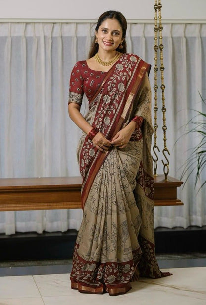 BEIGE RED  KALAMKARI SAREE