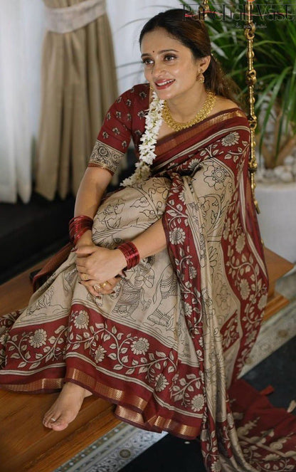 BEIGE RED  KALAMKARI SAREE