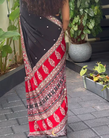 BLACK - MODAL SILK MIRROR WORK SAREE