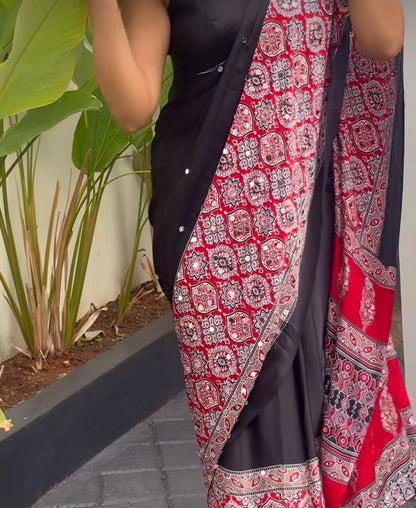 BLACK - MODAL SILK MIRROR WORK SAREE